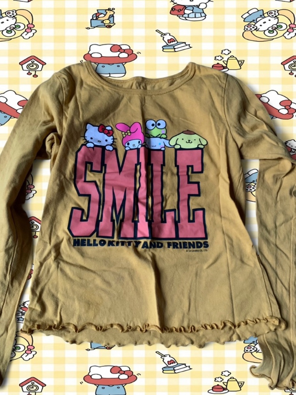 Old Navy Mustard Yellow Hello Kitty 'SMILE' Long Sleeve Tee